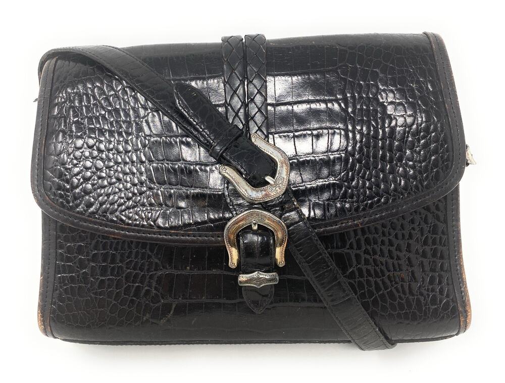 Vintage Brighton Black Croc Embossed Leather Silver Belt Buckle Shoulder Bag